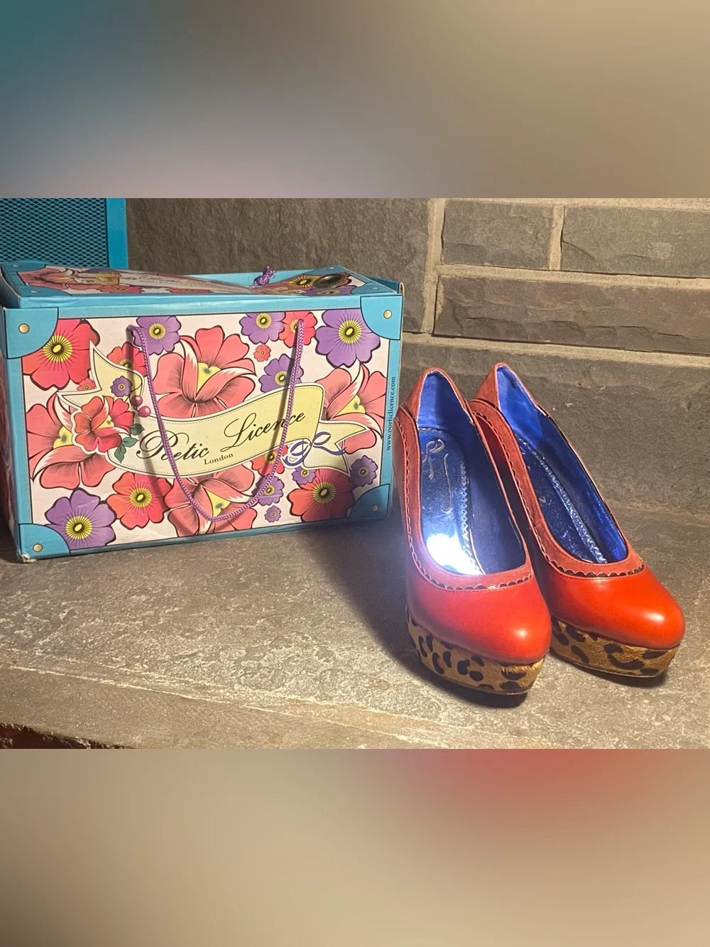 Irregular Choice Body Love platform wedges,red leather,leopard faux fur,in box,7